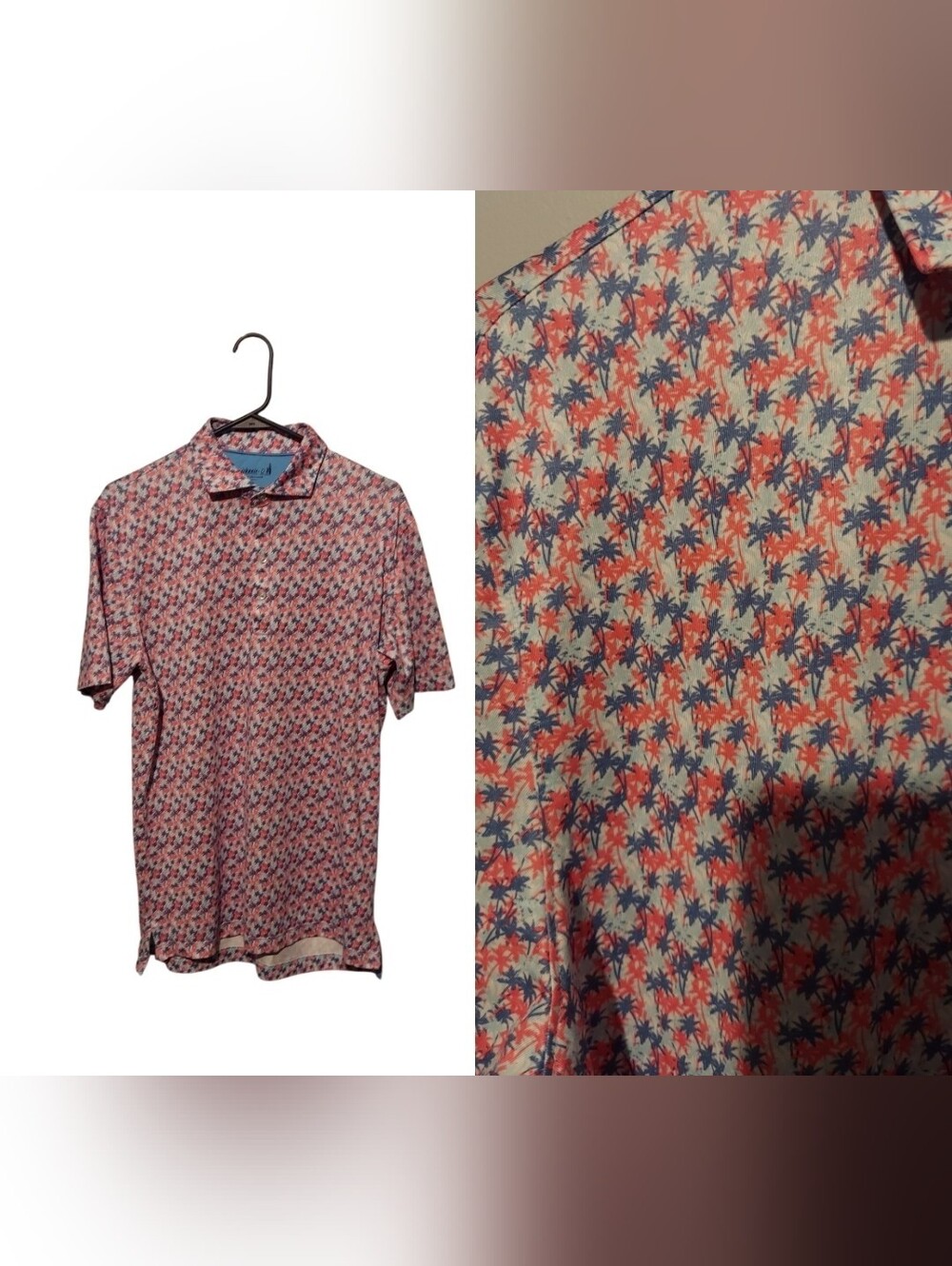 johnnie-O Golf Polo Shirt Mens Small Blue Pink Palm Print Performance Stretch